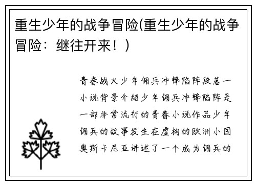 重生少年的战争冒险(重生少年的战争冒险：继往开来！)